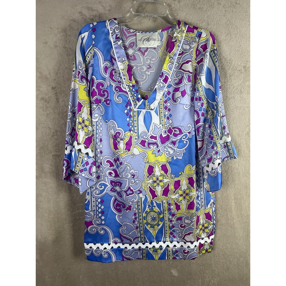 Alice & Trixie Retro 100% Silk Blue & Pink Dress Women's Size Small
